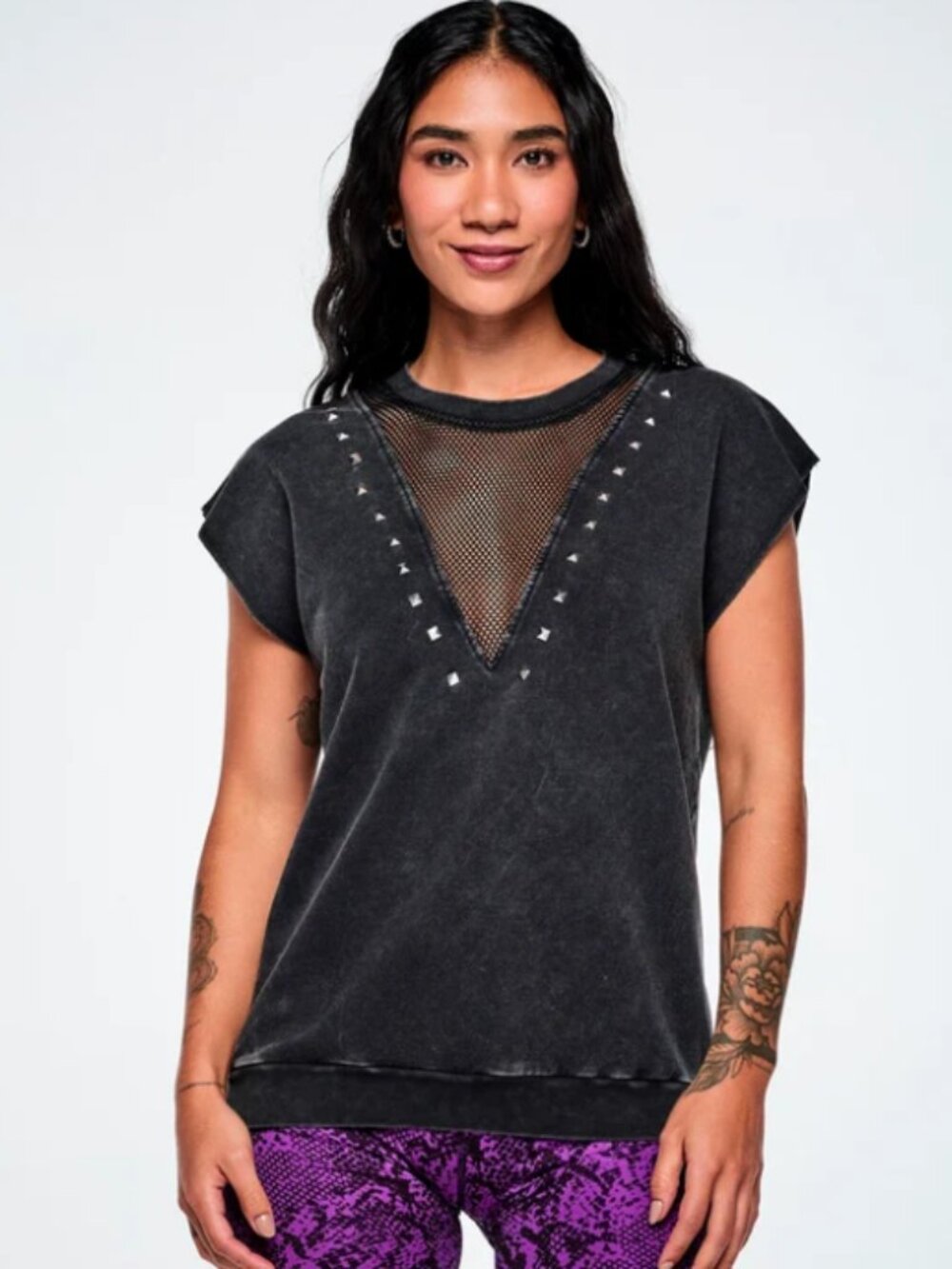 XL Zumba Wear Gray Rock 'n' Roll Loose Top With Mesh